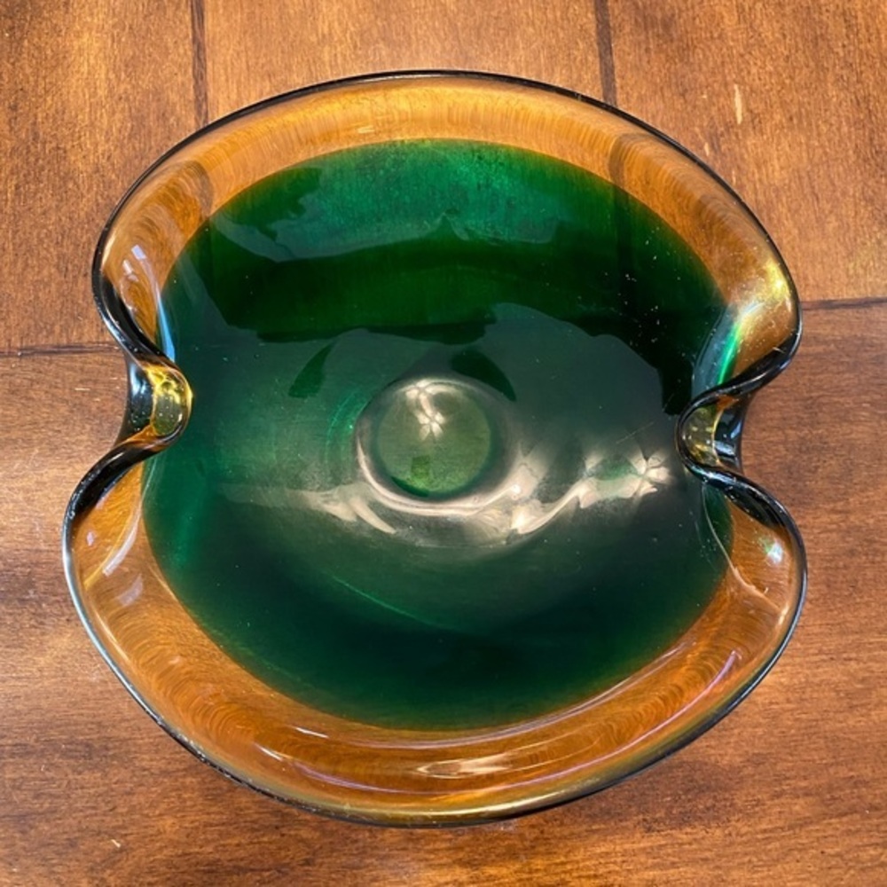 Vintage  Midcentury Murano Glass Green Amber Catchall Bowl or Ashtray